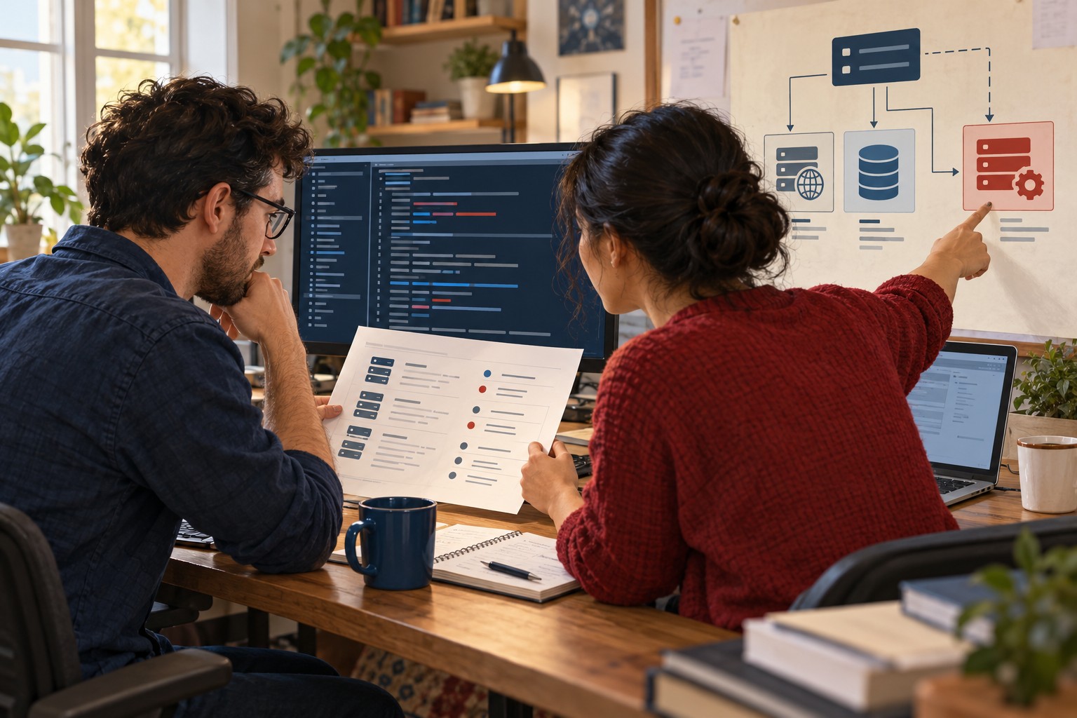 Conceptual illustration of two developers comparing a runtime inventory and a server diagram in a studio.