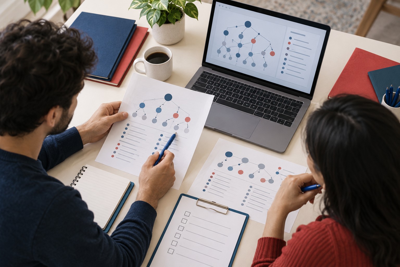Conceptual illustration of two coding learners comparing printed package inventories and a laptop at a workshop desk.