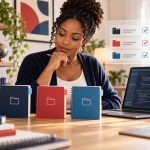 Conceptual illustration for updating pip in existing virtual environments: a coding learner comparing separate project notebooks beside a laptop.