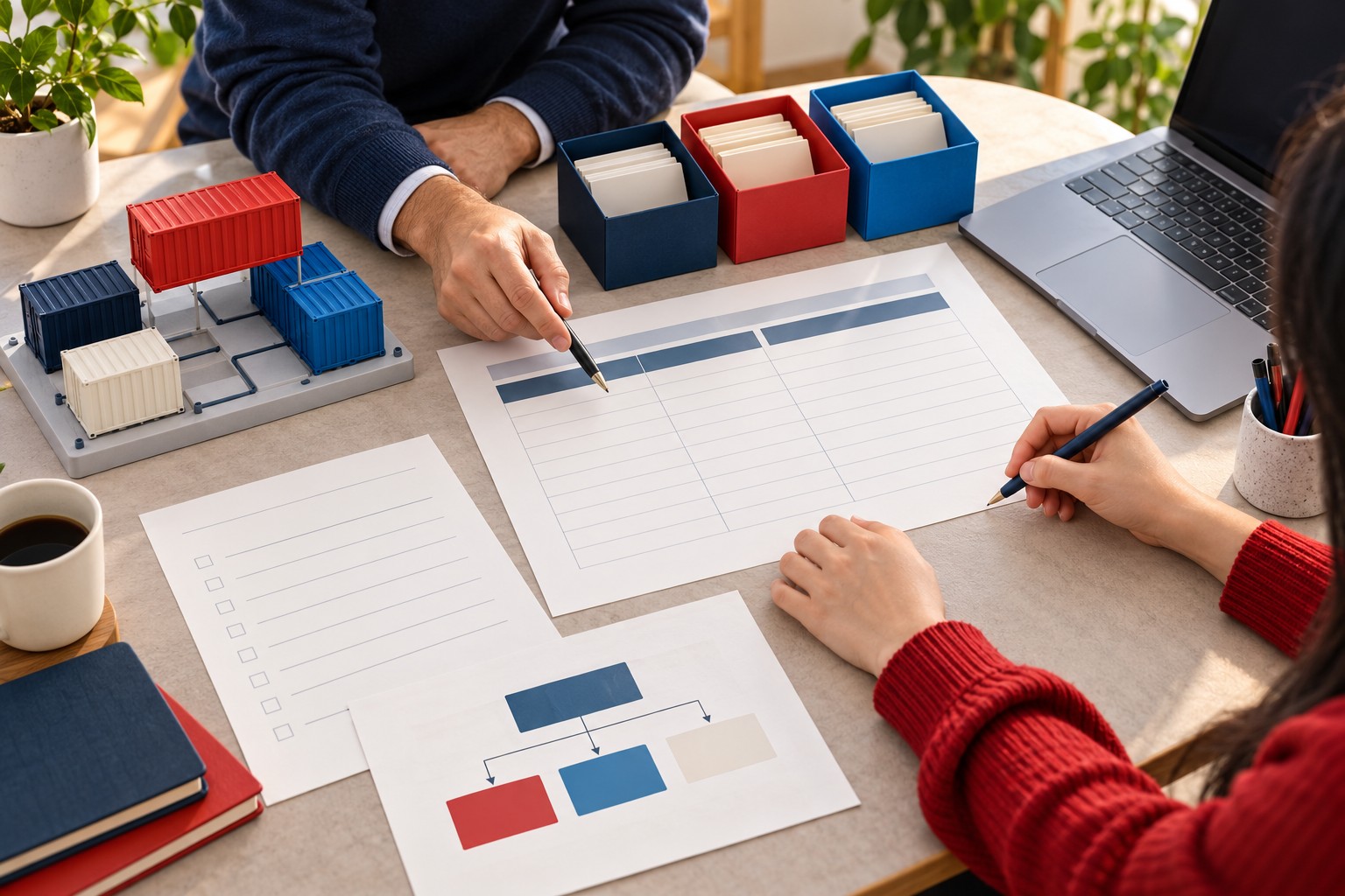 Conceptual illustration of an instructor and learner reviewing blank inventory forms beside separate project folders and model containers.