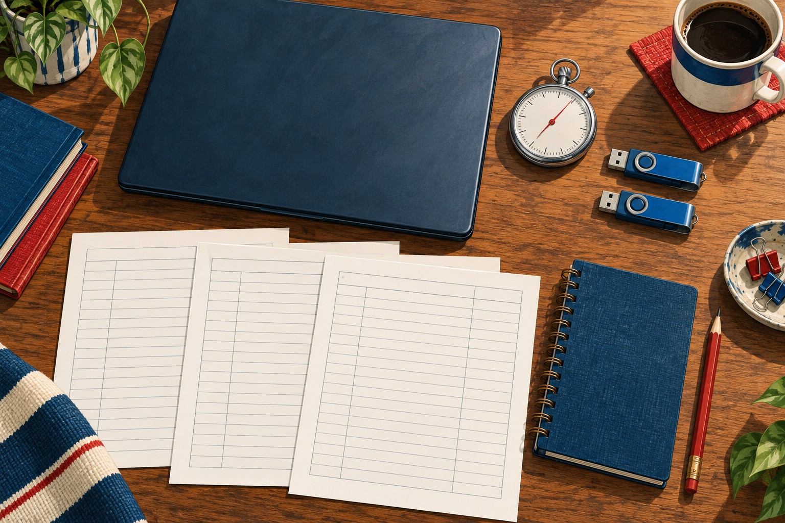 Conceptual still life with a closed laptop, stopwatch, matching storage devices and blank run-log sheets.